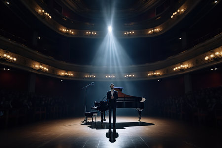 Cartoon musician at the piano on the big stage of a luxury concert hall made with generative AIの素材