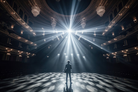 Fictional male artist on the big stage of an empty concert hall in the light of spotlights made with generative AIの素材