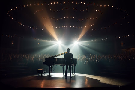 Fictional musician at the piano on the big stage of a luxury concert hall made with generative AIの素材