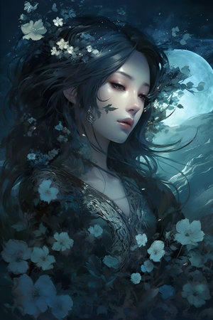 Japanese cartoon anime girl in a kimono dress in a flower field on a full moon made with generative AIの素材