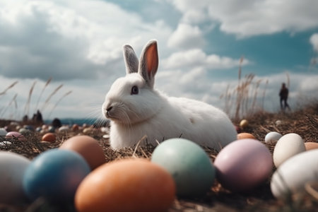 Huge white easter bunny and colored eggs outdoors made with generative AIの素材