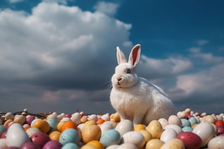 Huge white easter bunny and colored eggs outdoors made with generative AIの素材