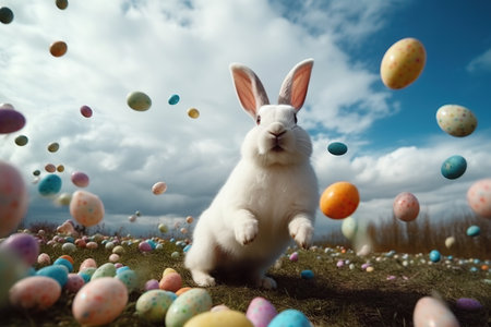 Huge white easter bunny and colored eggs outdoors made with generative AIの素材