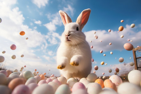 Huge white easter bunny and colored eggs outdoors made with generative AIの素材