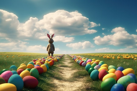 Cartoon easter bunny and colored eggs outdoors made with generative AIの素材