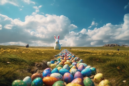 Cartoon easter bunny and colored eggs outdoors made with generative AIの素材