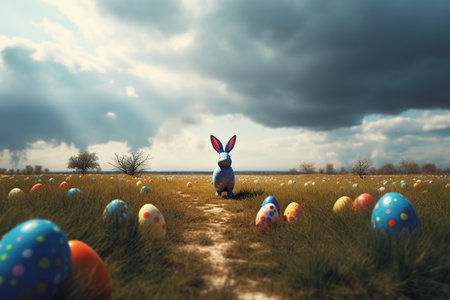 Cartoon easter bunny and colored eggs outdoors made with generative AIの素材