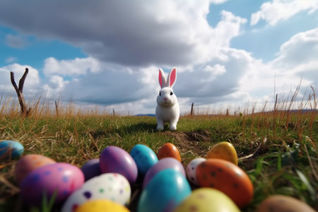 Cartoon easter bunny and colored eggs outdoors made with generative AIの素材