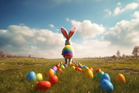 Cartoon easter bunny and colored eggs outdoors made with generative AIの素材