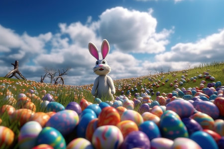Cartoon easter bunny and colored eggs outdoors made with generative AIの素材