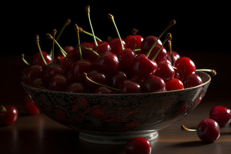 Large ripe juicy tasty cherries in a ceramic bowl on the table made with generative AIの素材