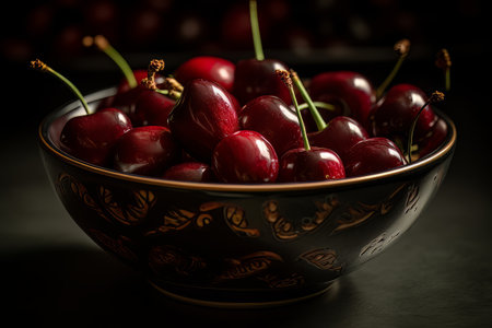 Large ripe juicy tasty cherries in a ceramic bowl on a dark background made with generative AIの素材