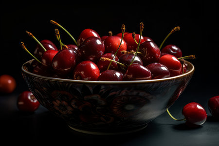 Large ripe juicy tasty cherries in a ceramic bowl on a dark background made with generative AIの素材