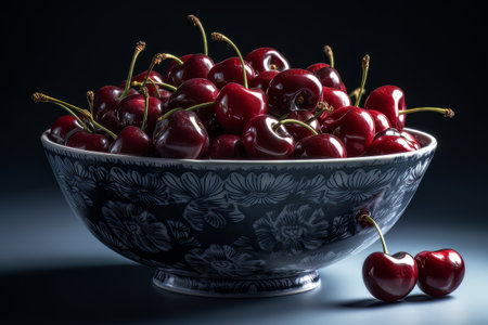Large ripe juicy tasty cherries in a ceramic bowl on a dark background made with generative AIの素材