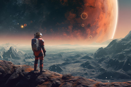Man astronaut in a spacesuit on the surface of the planet in outer space. Aiの素材