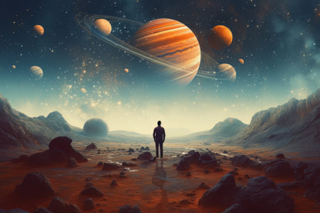 Man astronaut in a spacesuit on the surface of the planet in outer space. Aiの素材