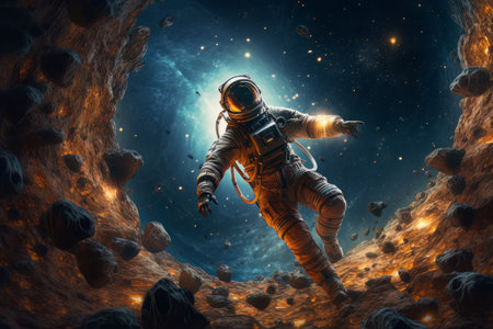 Man astronaut in a spacesuit on the surface of the planet in outer space. Aiの素材