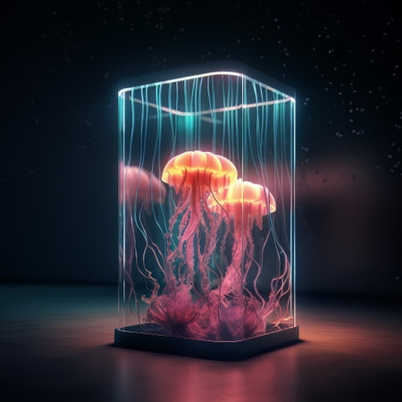 Decorative futuristic neon jellyfish in a transparent glass flask. Aiの素材
