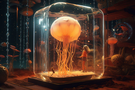 Decorative futuristic neon jellyfish with doll in a transparent glass flask. Aiの素材