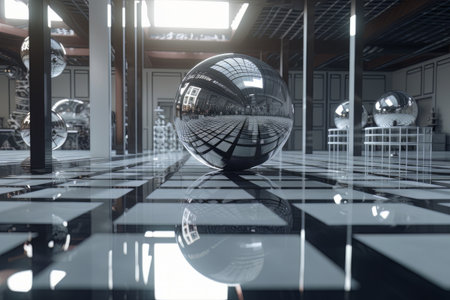 Polygonal silver sphere in abstract futuristic space made with generative Aiの素材