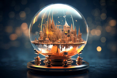 Snow globe with futuristic city architecture inside at the table made with generative Aiの素材