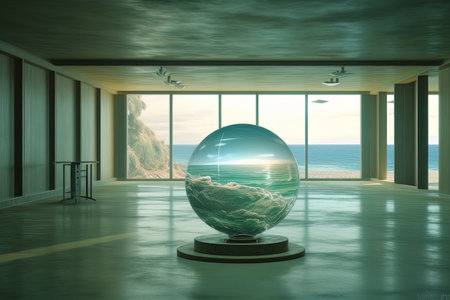 Snow globe with futuristic sea inside at the floor with panoramic sea view Aiの素材