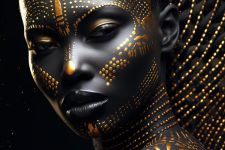 Beautiful portrait of dark skinned woman with golden make up AIの素材