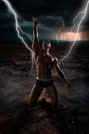 Epic man with naked torso kneeling on dry ground in stormy weatherの写真素材
