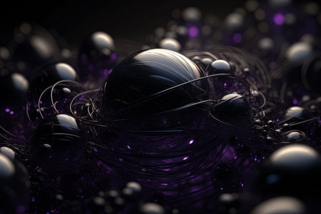 Abstract black balls with purple backlight wrapped with a thin black cord AIの素材