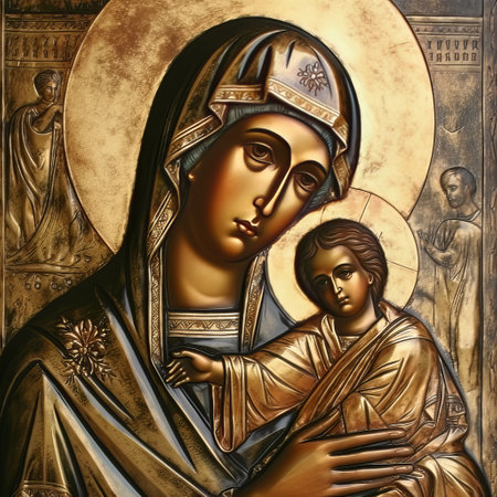 Traditional Orthodox icon of the Virgin Mary with the Child AIの素材