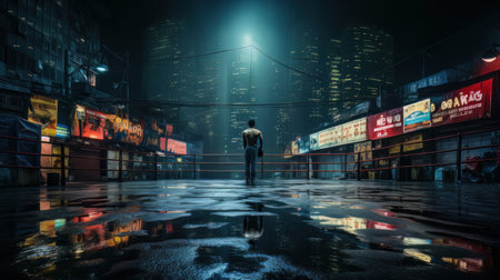 Epic empty boxing ring in the spotlight on the fight night AIの素材