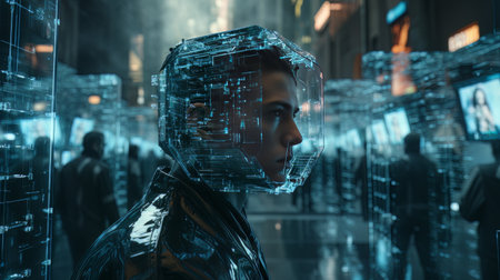 Robot with human man face sits at computer in the room with monitors. Science fiction technology AIの素材