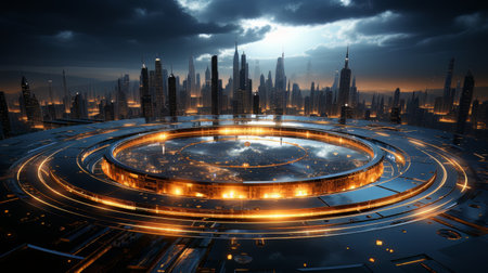 Smart city and communication network concept. 5G telecommunication. Digital Landscape AIの素材