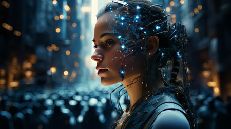 Female face and robot projection. Future technologies, Internet Business, Digital technology AIの素材