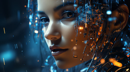 Female face and robot projection. Future technologies, Internet Business, Digital technology AIの素材