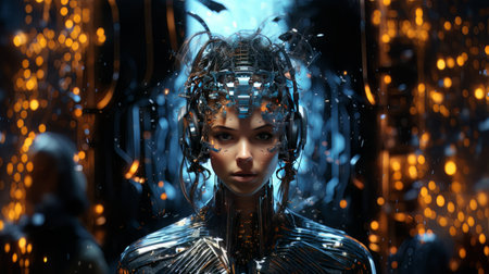 Female face and robot projection. Future technologies, Internet Business, Digital technology AIの素材