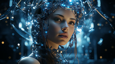 Female face and robot projection. Future technologies, Internet Business, Digital technology AIの素材