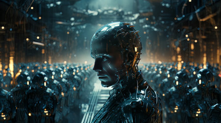 Android robot with human features stands as leader against the background of other robots AIの素材