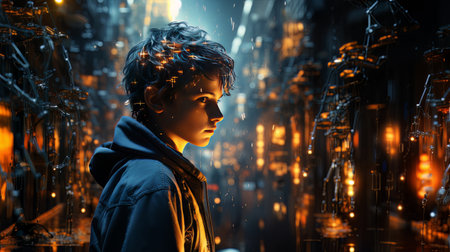 Portrait of a boy in a technical room with sparkling wires AIの素材