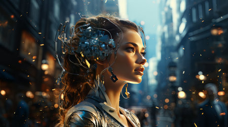 Female face and robot projection. Future technologies, Internet Business, Digital technology AIの素材