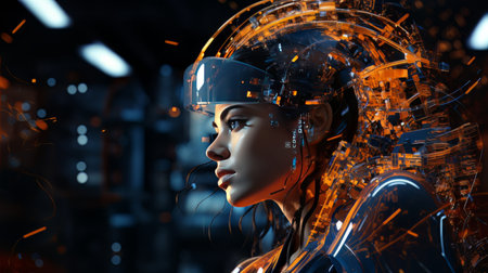 Female face and robot projection. Future technologies, Internet Business, Digital technology AIの素材