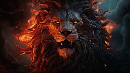 Cinematic 3d image lion with burning eyes made with generative AIの素材