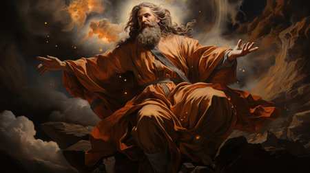 Judgment Day. Angry God stands against the backdrop of blazing fiery sky. Religious apocalypse AIの素材