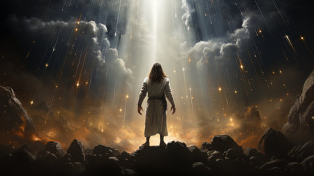 Judgment Day. Angry God stands against the backdrop of blazing fiery sky. Religious apocalypse AIの素材