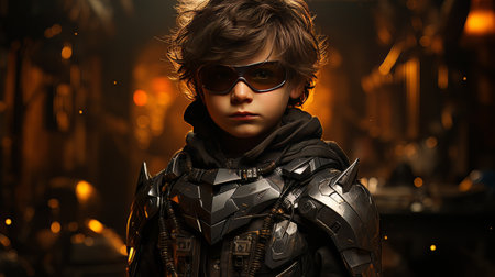 Digital art portrait of little boy in motobiker black suit and and dark sunglasses AIの素材
