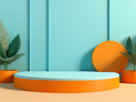 Abstract minimalistic contrast scene with geometric shapes. Orange and green 3D visualization AIの素材