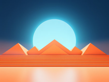 Abstract minimalistic contrast scene with geometric shapes. Orange and blue podium for presentation AIの素材