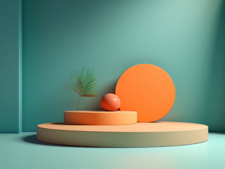 Abstract minimalistic contrast scene with geometric shapes. Orange and green podium for presentation AIの素材