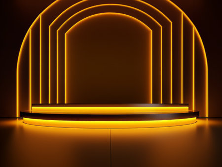 Abstract minimalistic scene with geometric shapes. Podium stage with yellow neon light for presentation AIの素材