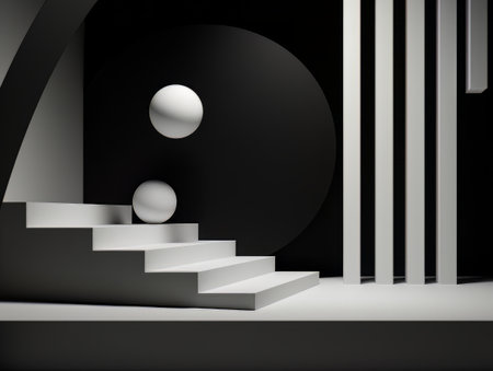 Abstract minimalistic contrast black and white scene with geometric shapes. 3D visualization AIの素材